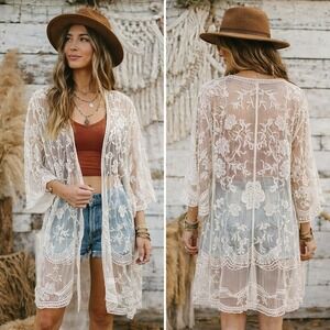 POLAGRAM‎ L XL Lace Kimono Cardigan Duster Ivory Sheer Boho Festival Fairy Beach